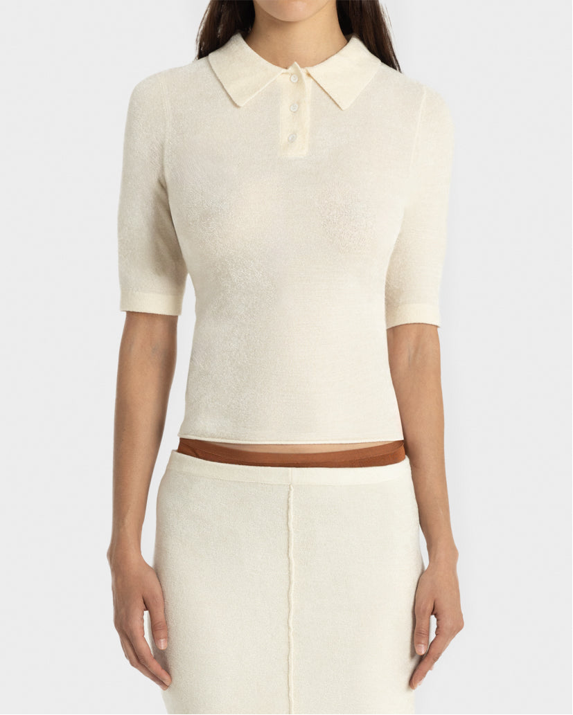 VELOUR KNIT POLO - Ivory