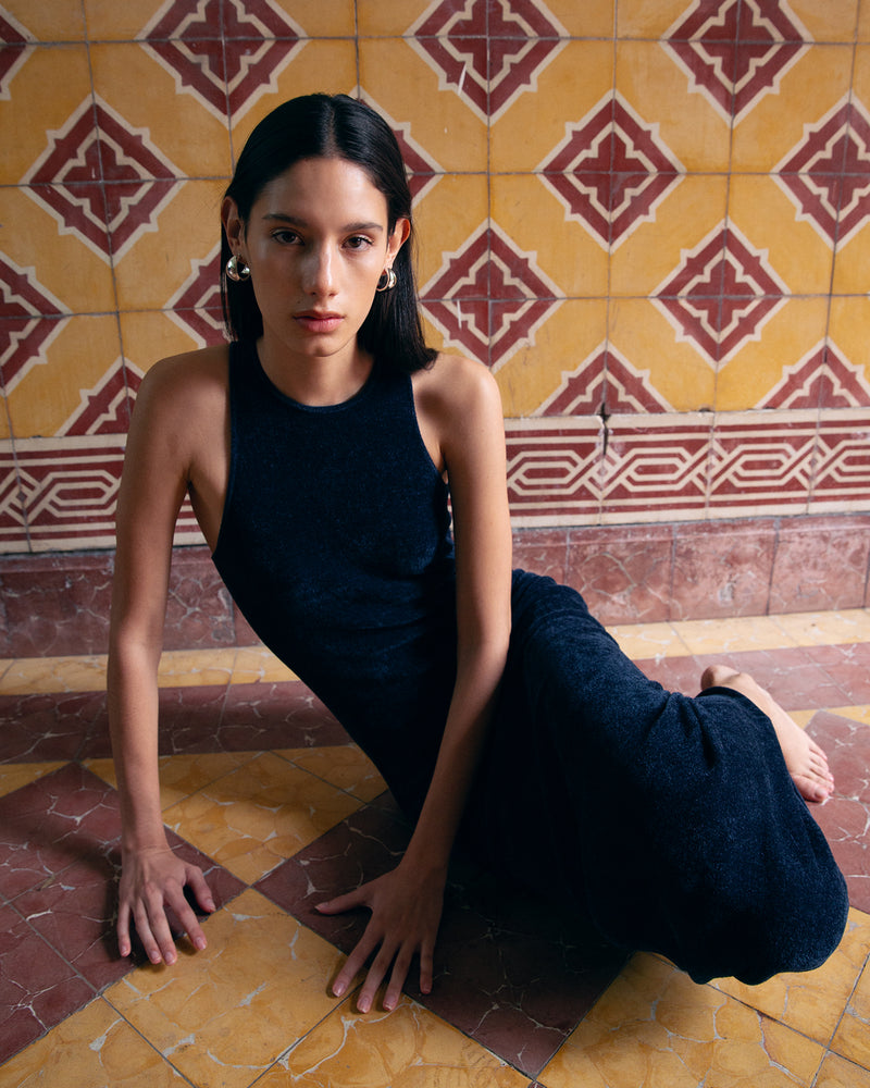 VELOUR KNIT DRESS - Navy