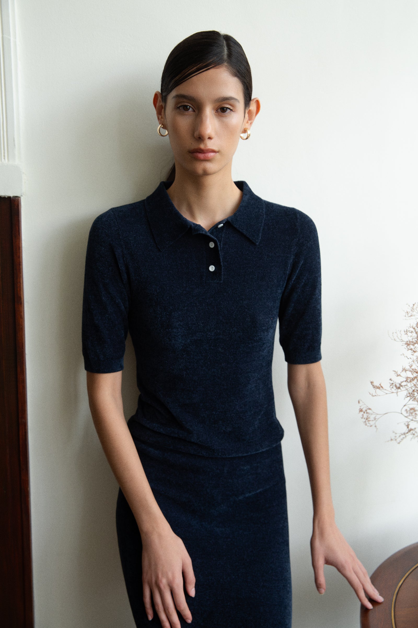 VELOUR KNIT POLO - Navy